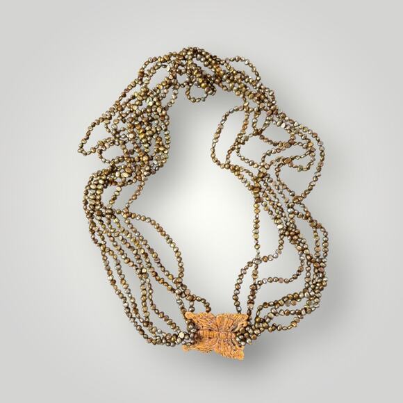 Vintage Multi-Strand Freshwater Pearl Necklace with Carved Butterfly Pendant - Picture 1 of 8
